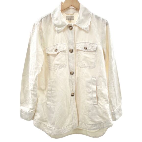LOFT ANN TAYLOR Twill Linen Shirt Jacket Shacket Cream Pockets Lightweight Small - Picture 2 of 11